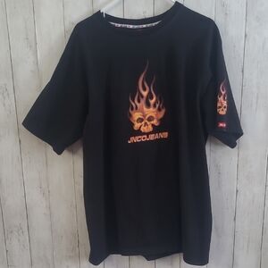 Black JNCO Jeans T-Shirt with Flame Skull Design